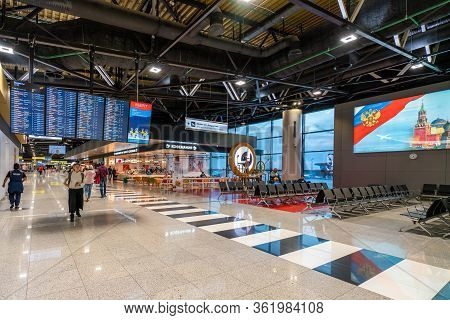 Moscow, Russia - 2020: Sheremetyevo International Airport, Passengers Inside The Terminal.