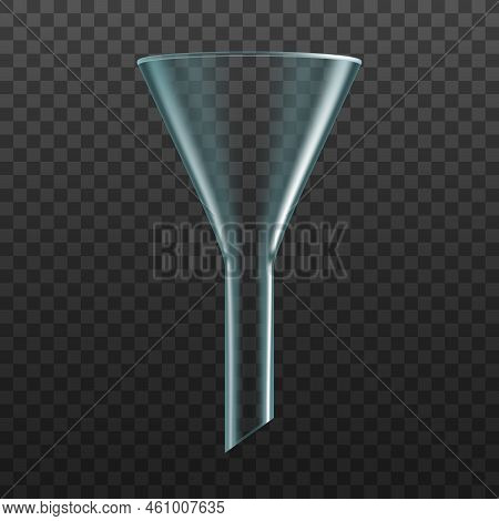 Isolated Glass Funnel, Realistic 3d Vector Laboratory Glassware. Transparent Filter, Chemical Lab Eq
