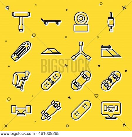 Set Line Skateboard Wheel, Broken Skateboard, Park, Deck, T Tool And Y-tool Icon. Vector
