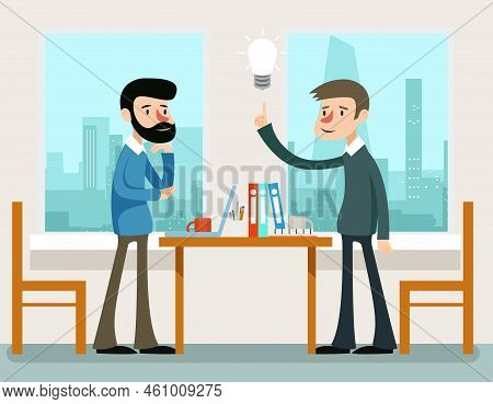 Business Idea. Businessmen Discussing Strategy Standing At Office Desk. Idea Discussing Or Businessm