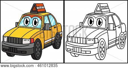 This Coloring Page Shows A Taxi With Face Vehicle. One Side Of This Illustration Is Colored And Serv