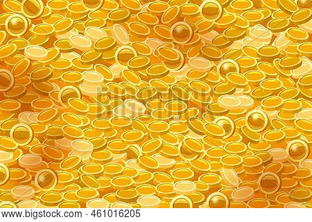 Gold Coin Background, Pile Of Gold Coins Reasure Top View. Vector Illustration Pattern