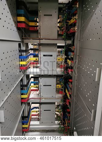 Image Of Copper Busbar Connection In Electrical Cabinet. Selective Focus.