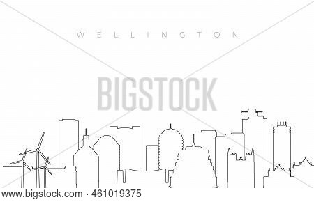 Outline Wellington Skyline. Trendy Template With Wellington Buildings And Landmarks In Line Style. S
