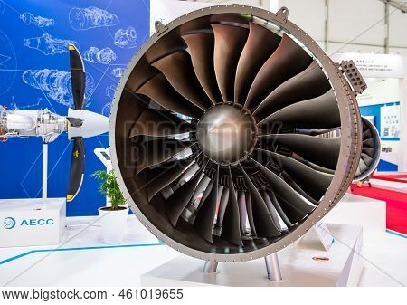 August 30, 2019, Moscow Region, Russia. A Model Of A Promising Russian-chinese Turbofan Engine Aef 3