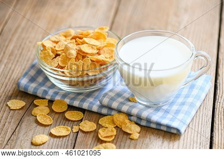 Cornflakes Bowl Breakfast Food And Snack For Healthy Food Concept, Morning Breakfast Fresh Whole Gra