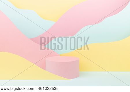 Elegant Fashion Style Paper Abstract Stage Mockup With Pink Circle Podium, Pastel Mountain Landscape