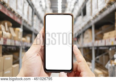 Online Shopping Concepts With Youngman Using Smartphone With Product Package Box. E Commerce Market.