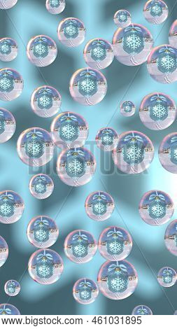 Christmas, Happy New Year Postcard Theme With Christmas Ball With Snowflakes, Refracted In Raindrops