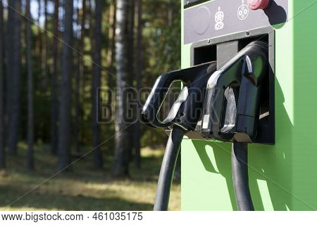 Charging Station For Electric Cars. Types And Connectors Of Ports For Charging Vehicles.