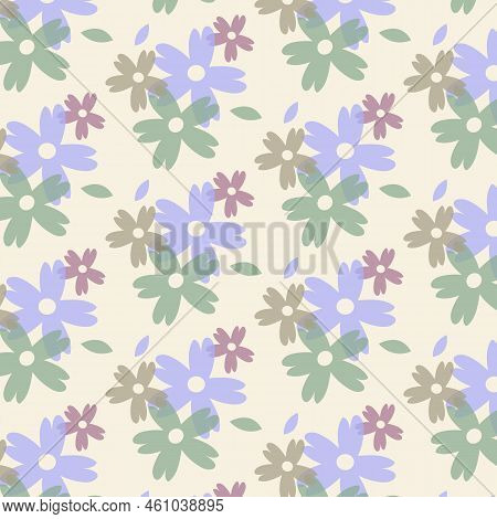 Abstract Flowers With Opacity Seamless Pattern On White Background. Repeating Floral Vector Pattern.