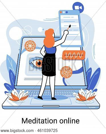 Meditation Online Metaphor. Classes On Laptop, Practicing Yoga, Mental Exercises. Live Stream, Inter