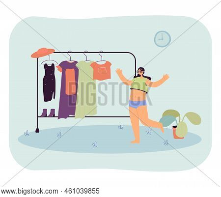 Happy Girl Choosing Outfit Flat Vector Illustration. Woman Standing Near Clothes Rail With Stylish A