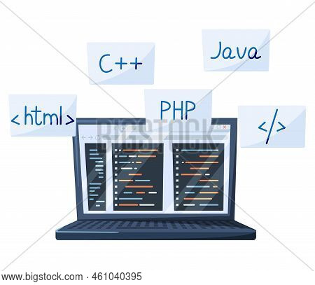 Programmer Engineering And Coding. Programmers Working On Web Development On Computers. Concept Of S