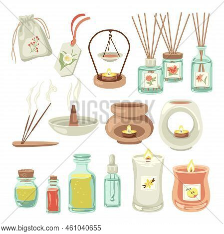Candles And Incense Sticks For House Vector Illustrations Set. Collection Of Home Fragrances, Diffus