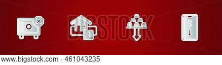 Set Safe, Hanging Sign With Sale, Gold Bars And Mobile Stock Trading Icon. Vector