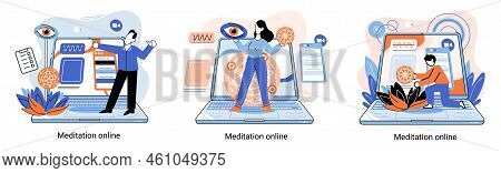 Meditation Online Metaphor. Classes On Laptop, Practicing Yoga, Mental Exercises. Live Stream, Inter