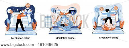 Meditation Online Metaphor. Classes On Laptop, Practicing Yoga, Mental Exercises. Live Stream, Inter