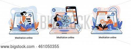 Meditation Online Metaphor. Classes On Laptop, Practicing Yoga, Mental Exercises. Live Stream, Inter