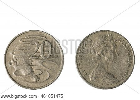 Close Up View Of Old Front And Back Side Of Australian Twenty Cent Coin Dated 1980. Numismatic Conce