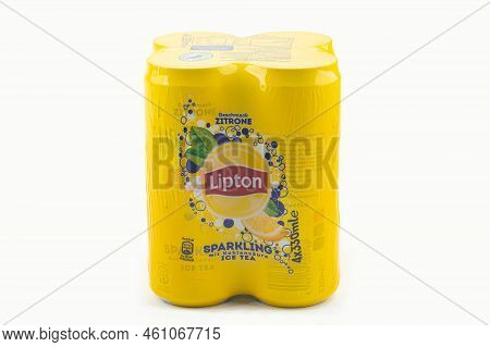 Wetzlar; Germany 2022-07-14: Canned Lipton Ice Tea. Lipton Ice Tea Drink In A Can Isolated On White 
