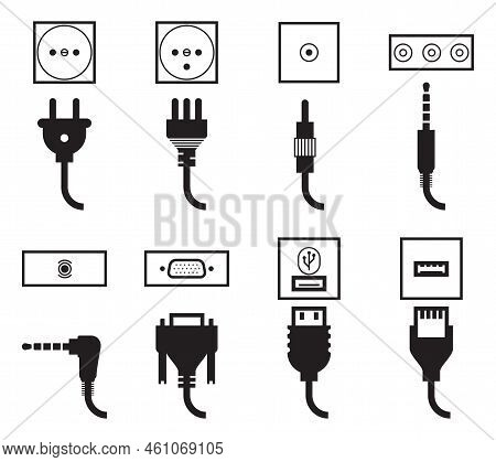 Electric Outlet And Plug Icons Set. Energy Socket, Jack Video Connector, Usb And Audio Standard, Wir