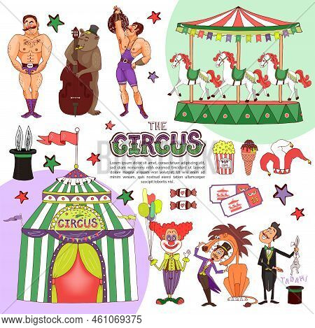 Flat Colorful Circus Template With Clown Holding Balloons Magician Bear Playing Cello Animal Tricks 