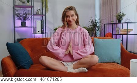 Keep Calm Down, Relax, Inner Balance. Adult Girl Breathes Deeply With Mudra Gesture, Eyes Closed Med