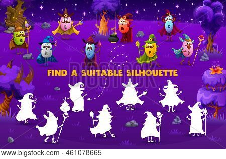 Find A Correct Silhouette Of Cartoon Vitamin Wizard And Mage Characters. Similarity Search Quiz Or M