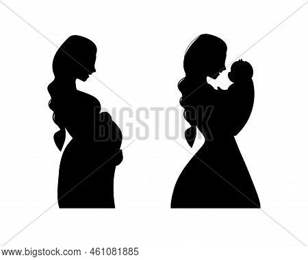 Set Of Black Silhouettes Of A Pregnant Woman And Mommy Holding A Newborn Baby, Side View. Outline Of