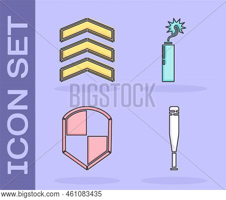 Set Baseball Bat, Military Rank, Shield And Dynamite Bomb Stick Clock Icon. Vector