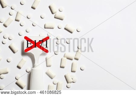 Titanium Dioxide, E171, Dangerous Additive Concept. Gum, Pills, Toothpaste Or Cream And Sign With E1
