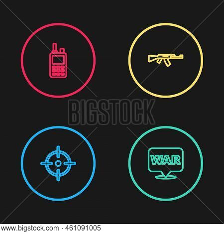 Set Line Target Sport, The Word War, Submachine Gun And Walkie Talkie Icon. Vector