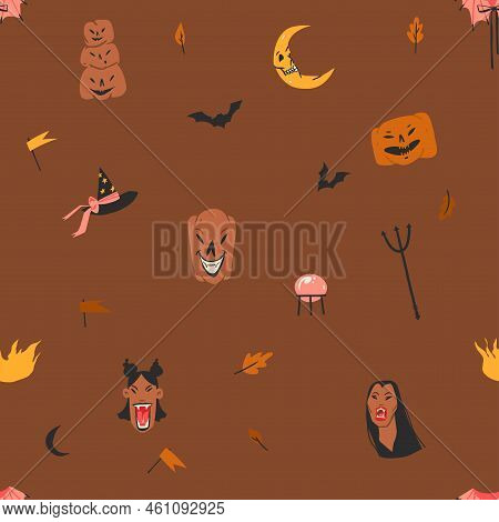 Hand Drawn Abstract Vector Graphic Clipart Illustration Seamless Pattern, Halloween Holiday Pumpkins