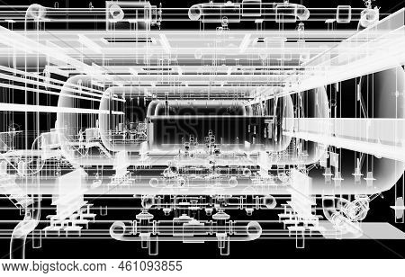 Industrial Equipment. X-ray 3d Illustration On Black Background. Non-destructive Testing Concept