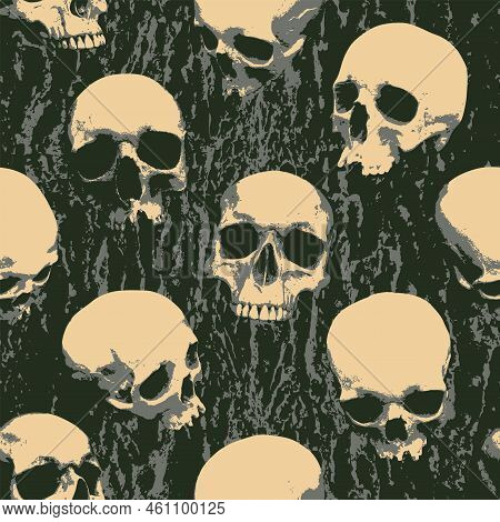 Seamless Pattern With Sinister Human Skulls On Background Of Stone Texture. Monochrome Vector Backgr