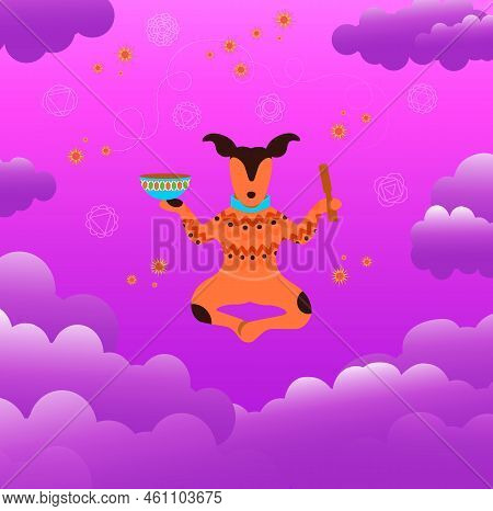 Cute Dog Yogi Practicing Yoga And Meditation Holding Singing Bowl Flying In Air On Sky Background Wi
