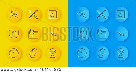Set Line Bowling Ball, Location With Bowling, Billiard Table, Pool Brush, Rest, Chalk And Crossed Bi