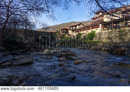 Barcena Mayor, Spain - January 16, 2022: Beautiful Village Of Barcena Mayor With The Traditional Sto