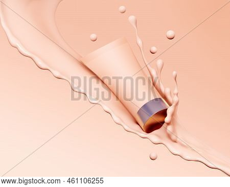 Liquid Makeup Foundation Tube With Cosmetic Foundation Cream Splash. Blank Cosmetics Skincare Produc