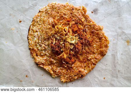 Kerak Telor Or Egg Crust. Kerak Telor Is Spicy Glutinous Rice Omelette With Grated Coconut. Made Fro