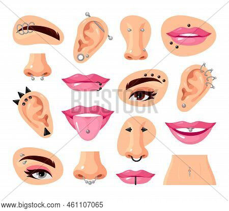 Piercing On Woman Face Body Parts Set Vector Flat Metallic Earrings In Nose Ears Eyebrows