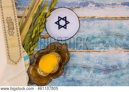 Traditions Jewish Holiday Celebration Of Sukkot Amassed With The Symbolic Elements Of Etrog, Lulav, 