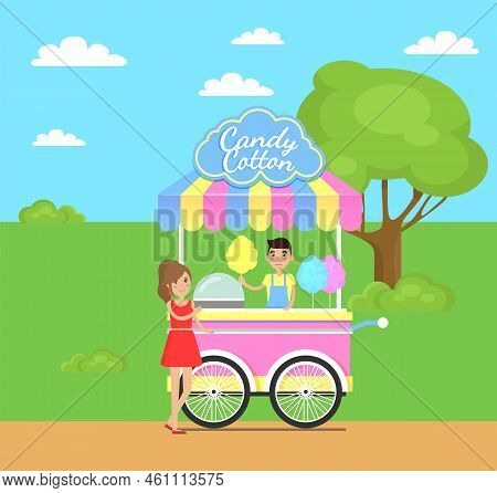 Candy Cotton Shop Poster, Mobile Shopping Stall Seller Woman-customer, Park With Trees And Grass, Bl