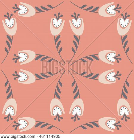Pink Flower Gray Pastel Color Seamless Pattern, Bellflower Campanula Wild Flower, Organic Background