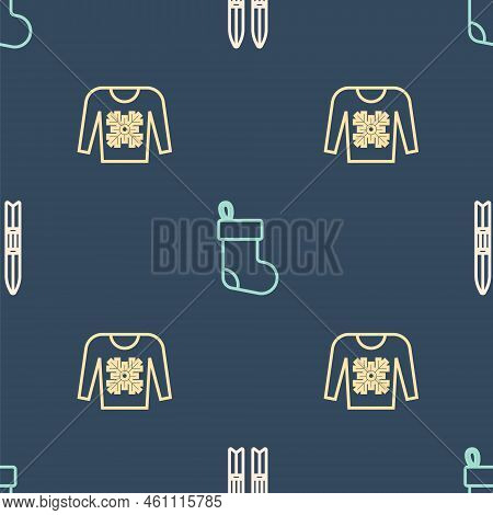 Set Line Ski And Sticks, Christmas Sweater And Stocking On Seamless Pattern. Vector
