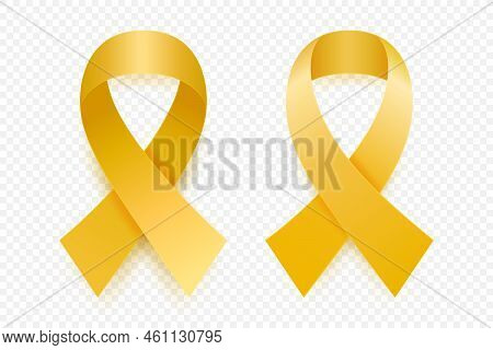 Vector 3d Realistic Yellow Ribbon Set. Sarcoma, Bone Cancer Awareness Symbol Closeup. Cancer Ribbon 