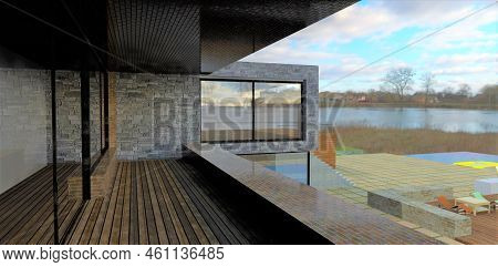 Design Of A Balcony With Wooden Flooring In A Modern Private House Built In A Minimalist Style On Th