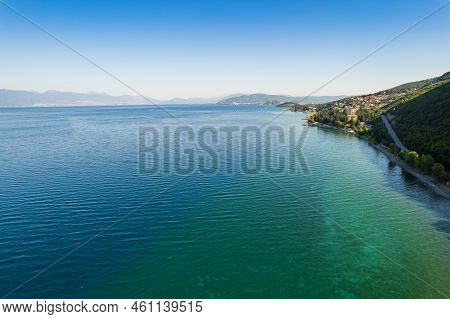 Aerial View Of Dolno Konjsko And Sveti Stefan By Ohrid Lake In North Macedonia