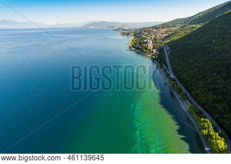 Aerial View Of Dolno Konjsko And Sveti Stefan By Ohrid Lake In North Macedonia